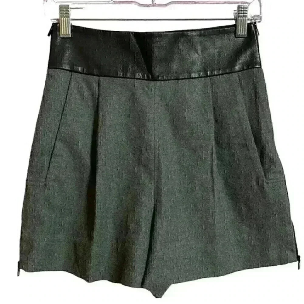 Diane von Furstenberg Grey Pleated Shorts 0 Wool Blend Leather Trim Luxe